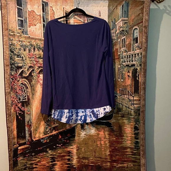 5 for $30 ONE WORLD Purple Blouse with Blue Patterned Hem - Picture 2 of 4
